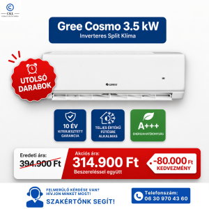 Gree Cosmo 3.5 kW Inverteres Split Klíma Beszereléssel Együtt