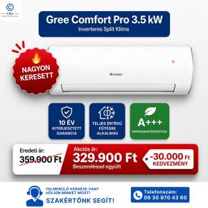 Gree Comfort Pro 3.5 kW Inverteres Split Klíma Beszereléssel Együtt