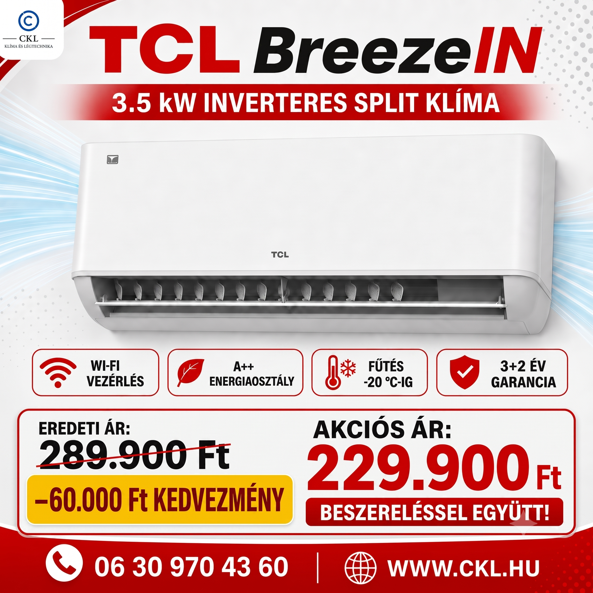 TCL BreezeIN 3.5 kW Inverteres Split Klíma Beszereléssel Együtt
